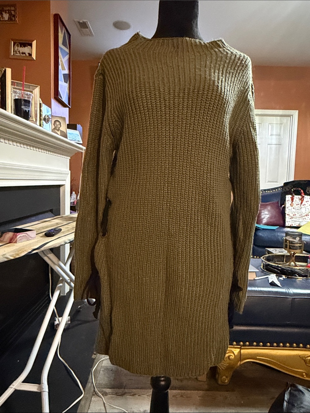 Faith and Joy Olive Ribbed Knit Cowl-Turtleneck Sweater Dress